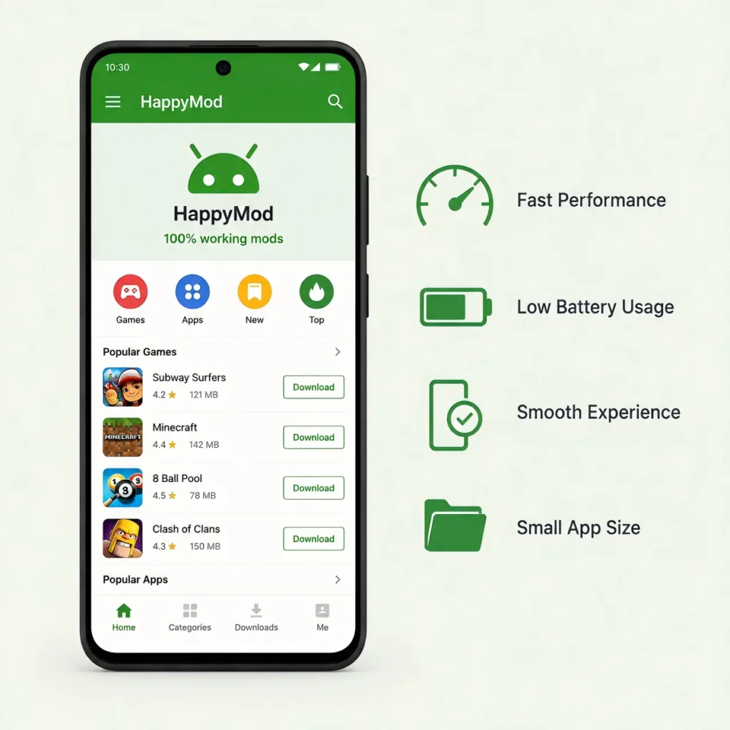 HappyMod APK interface displayed on a modern Android smartphone with performance icons.