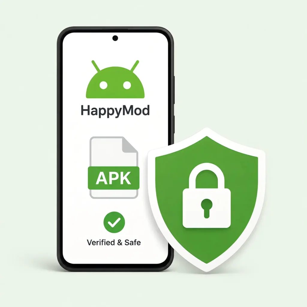 Android phone with a security shield and APK verification concept.